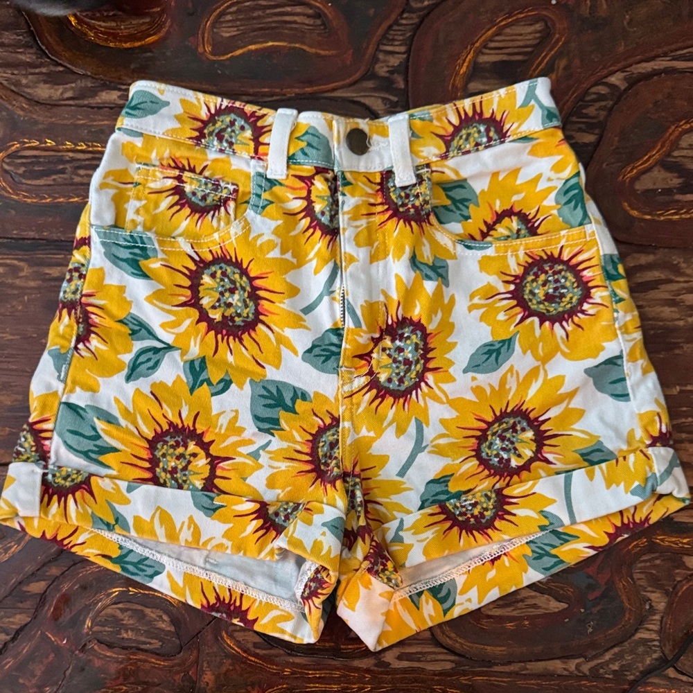 American Apparel Yellow Sunflower Print High Waist Shorts